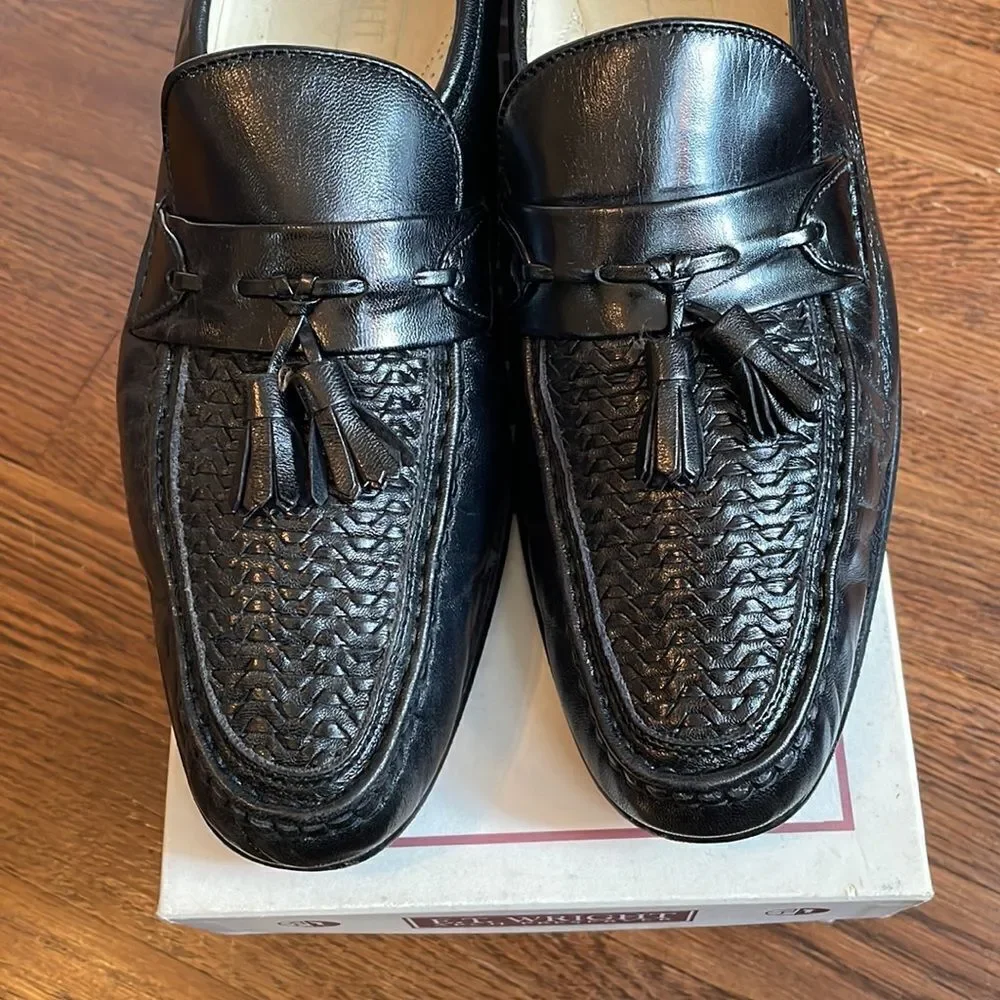 E.T. Wright Woven Vamp black leather slip on loafers‎ with tassels